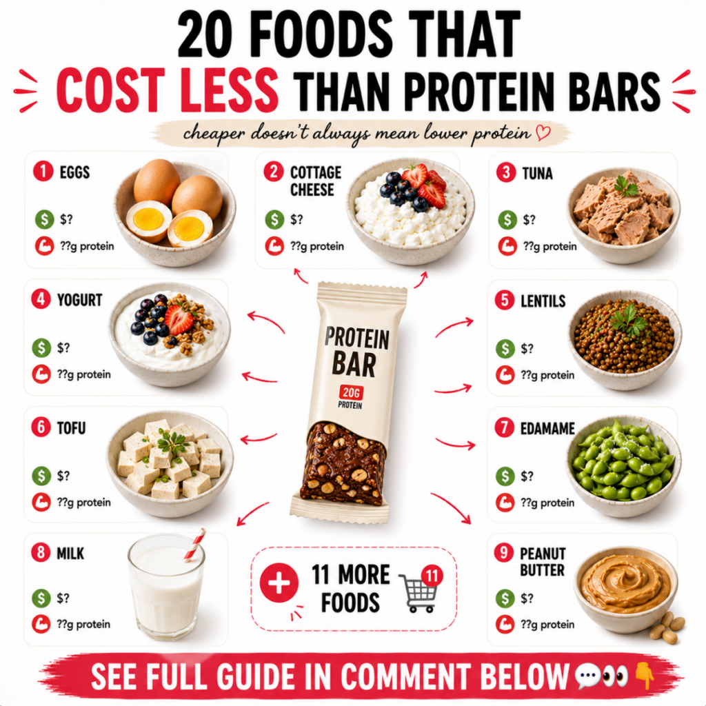 An infographic showing a protein bar in the center surrounded by 9 other food items like eggs edamame and Greek yogurt w