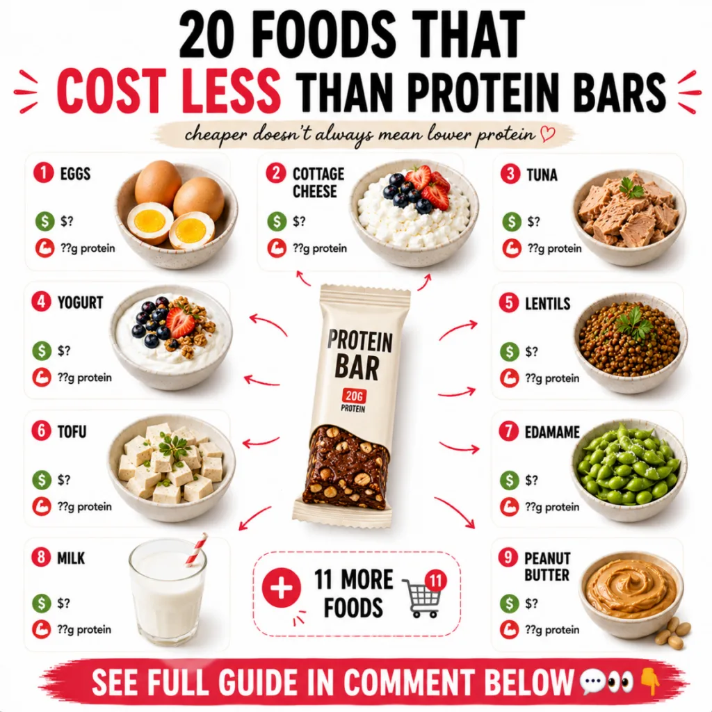 An infographic showing a protein bar in the center surrounded by 9 other food items like eggs edamame and Greek yogurt w