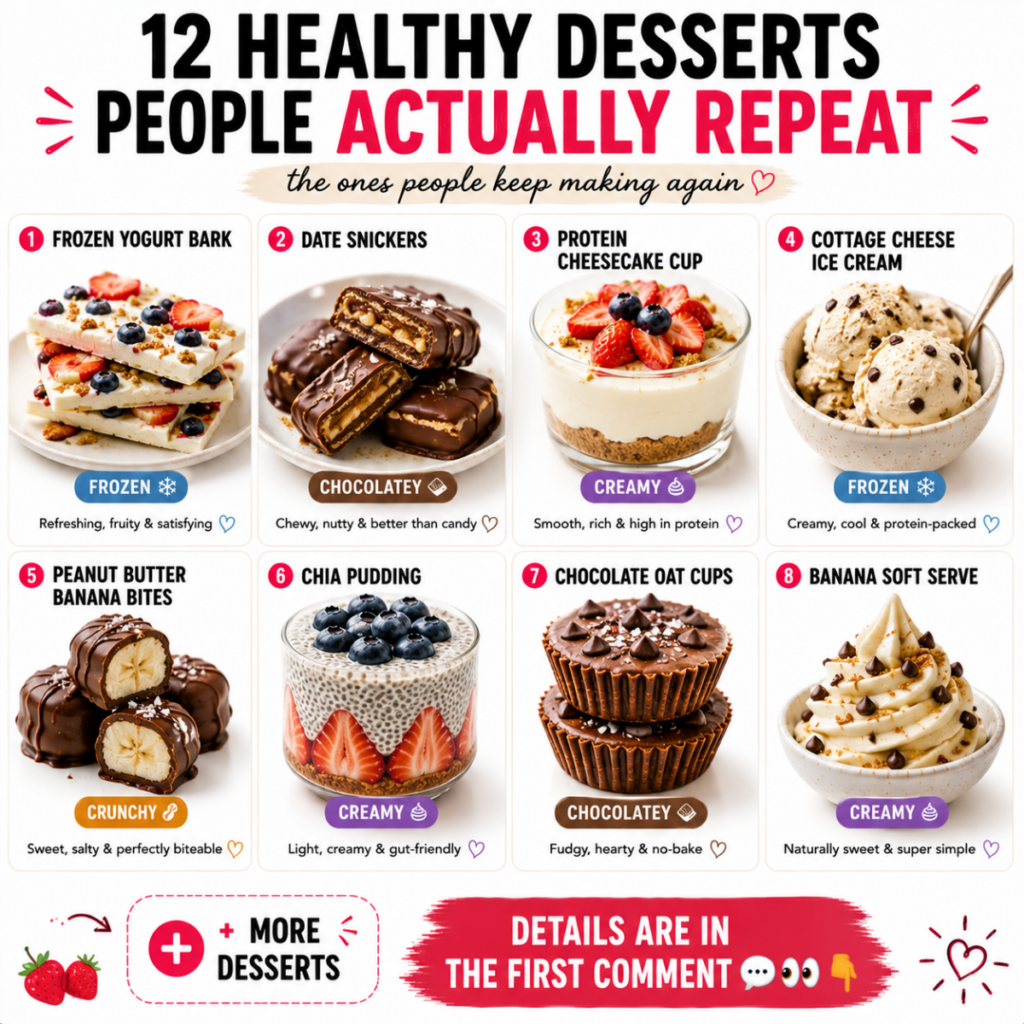A vibrant grid of 12 different healthy desserts including frozen yogurt bark with berries date snickers protein cheeseca