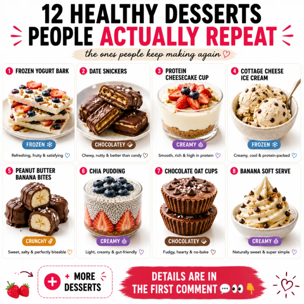 A vibrant grid of 12 different healthy desserts including frozen yogurt bark with berries date snickers protein cheeseca