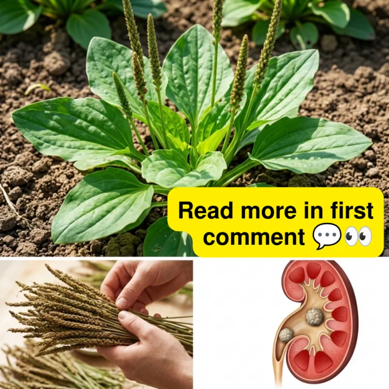 A collage showing a close-up of a vibrant broadleaf plantain plant hands holding dried plantain seed stalks and an anato