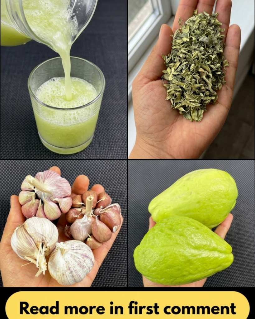 A four-panel collage showing a glass of light green juice hands holding dried green leaves hands holding garlic bulbs an