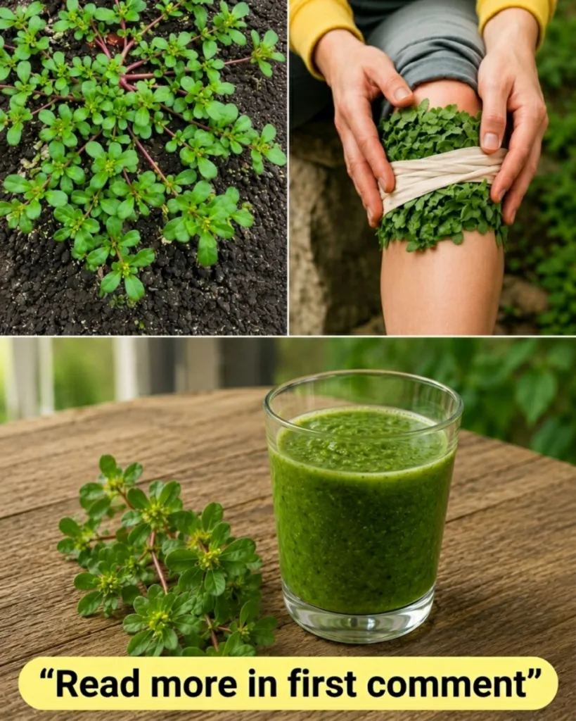 A three-panel collage showcasing purslane Top-left purslane growing in soil Top-right person applying a purslane poultic