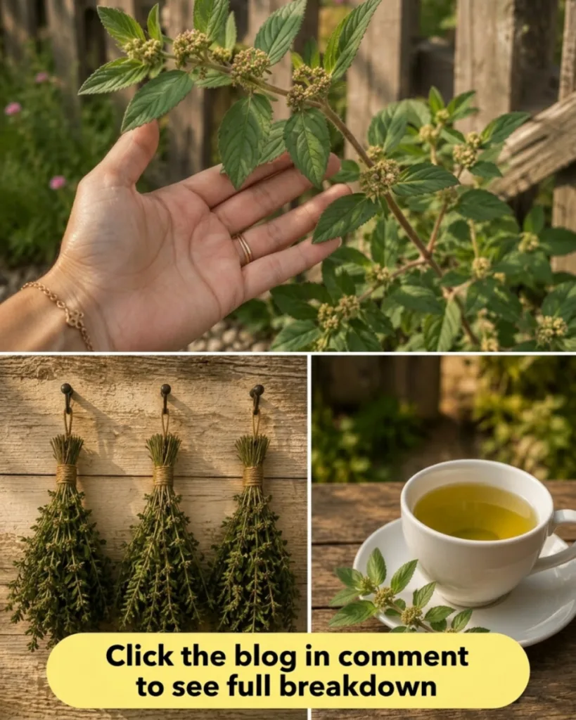 A collage showing a hand touching a fresh green herb bundles of dried herbs hanging and a cup of herbal tea with a fresh