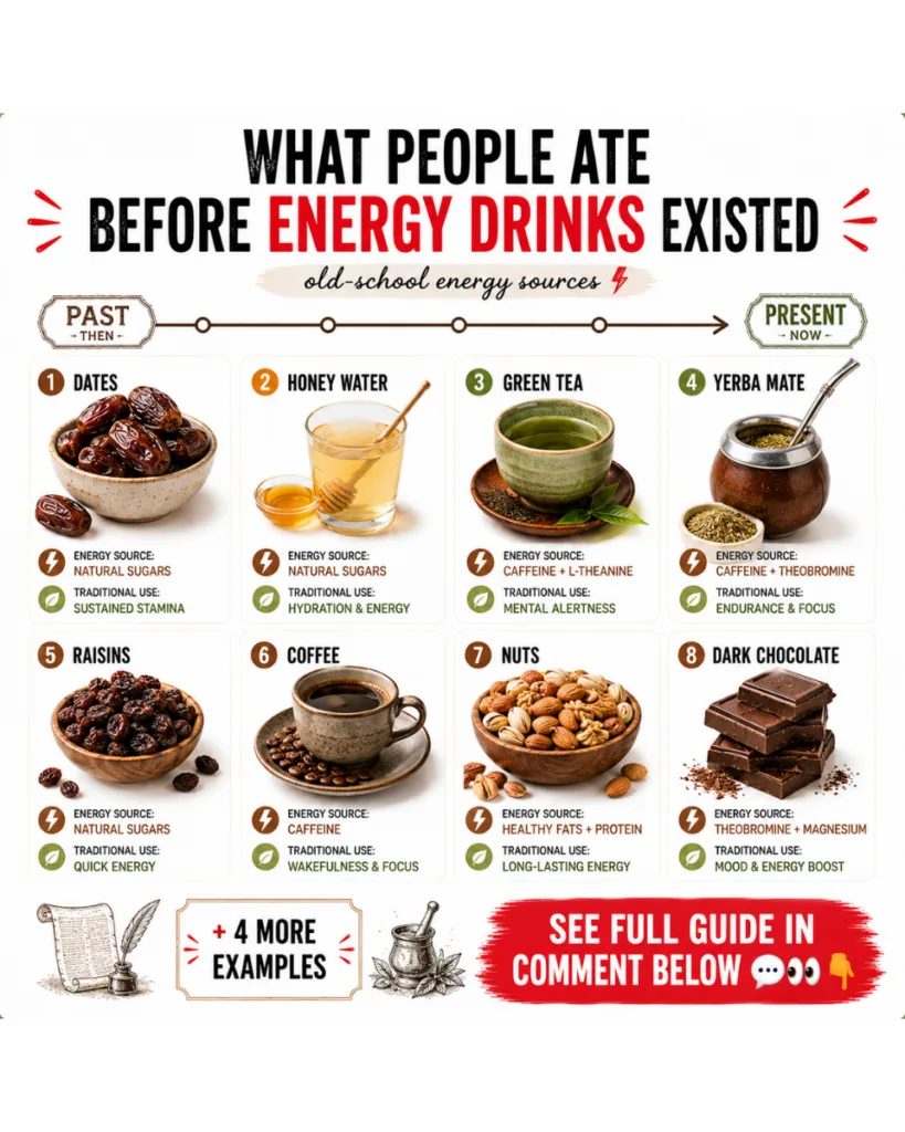 An infographic showing eight natural energy sources from before energy drinks existed featuring images of dates coffee h