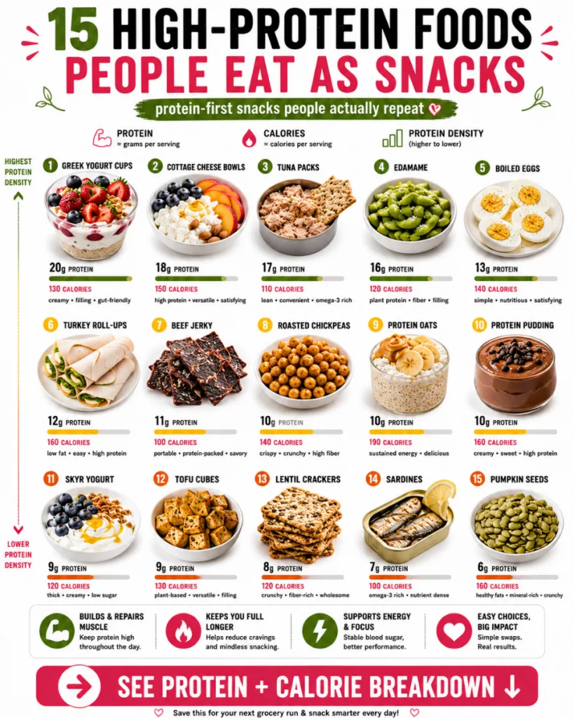 An infographic showing 15 different high-protein snack options with their protein and calorie content arranged in a grid