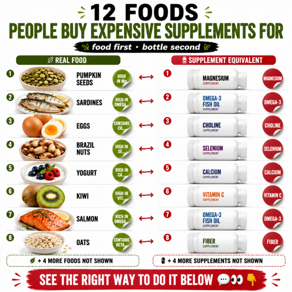 An educational infographic titled 12 FOODS PEOPLE BUY EXPENSIVE SUPPLEMENTS FOR showcasing real foods next to their supp