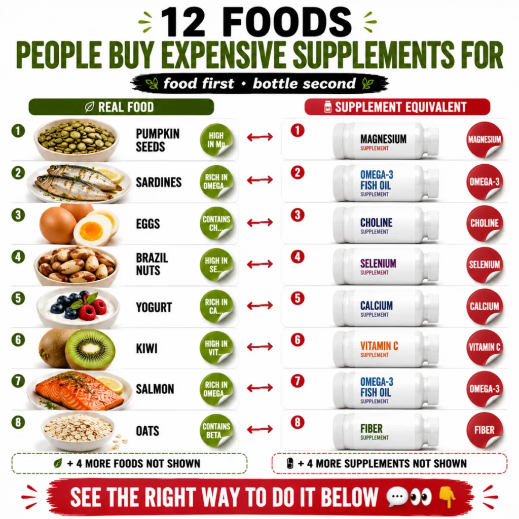 An educational infographic titled 12 FOODS PEOPLE BUY EXPENSIVE SUPPLEMENTS FOR showcasing real foods next to their supp