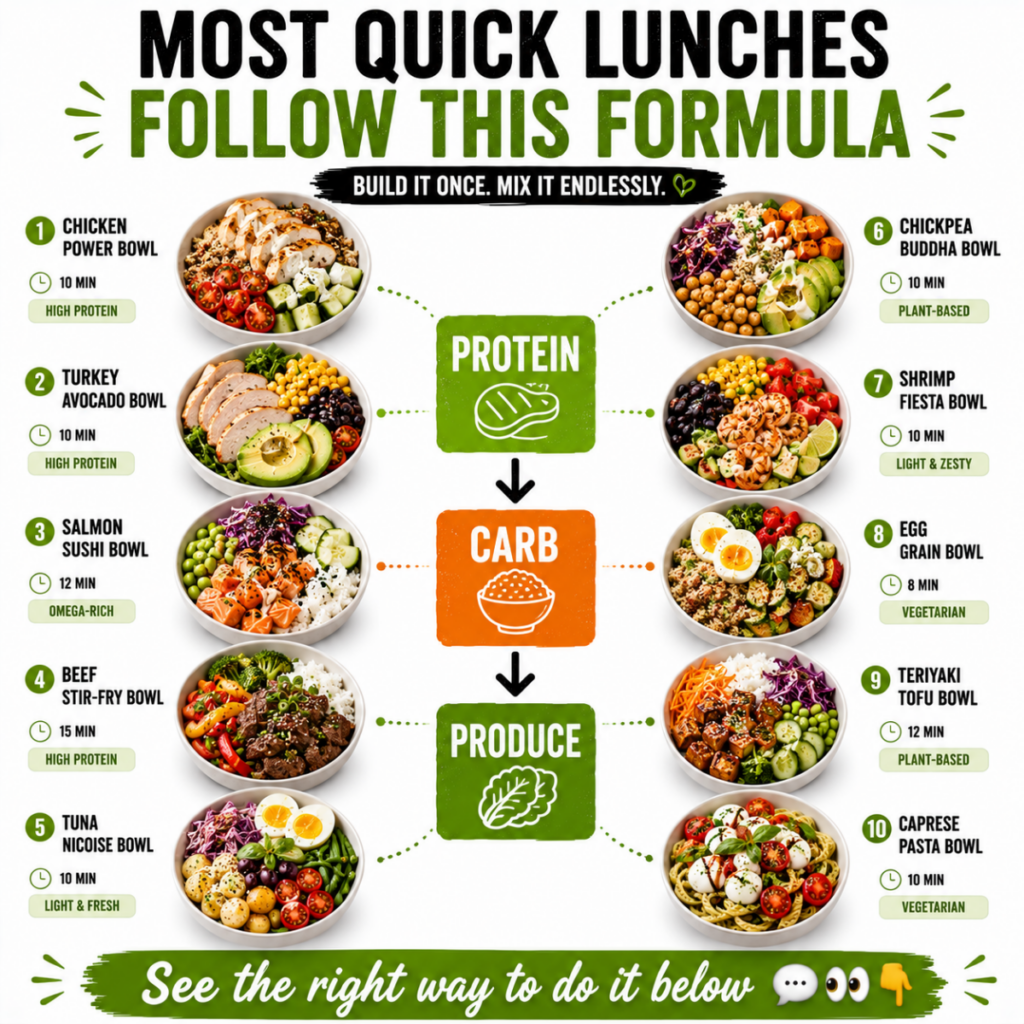 An infographic titled Build It Once Mix It Endlessly displaying ten different quick lunch bowl recipes each labeled with