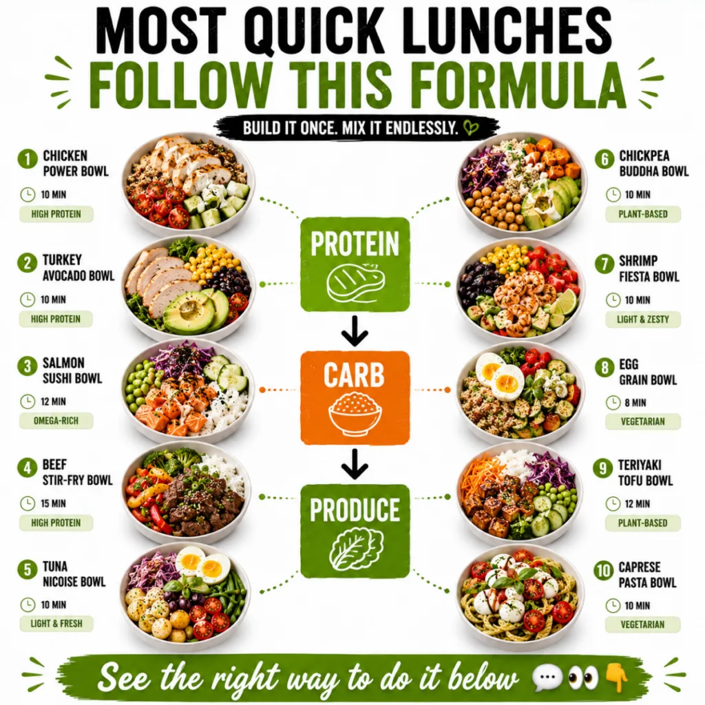 An infographic titled Build It Once Mix It Endlessly displaying ten different quick lunch bowl recipes each labeled with