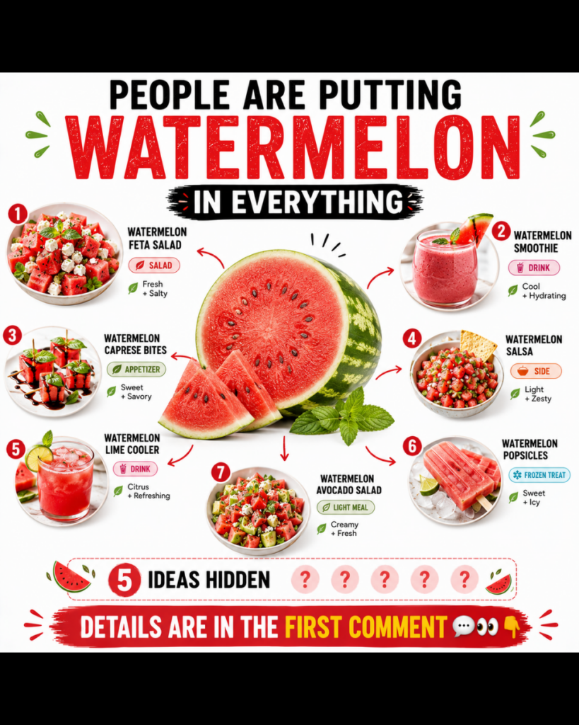 An infographic showing various creative watermelon dishes and drinks with a central watermelon colorful fresh and inviti