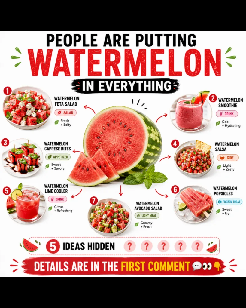 An infographic showing various creative watermelon dishes and drinks with a central watermelon colorful fresh and inviti
