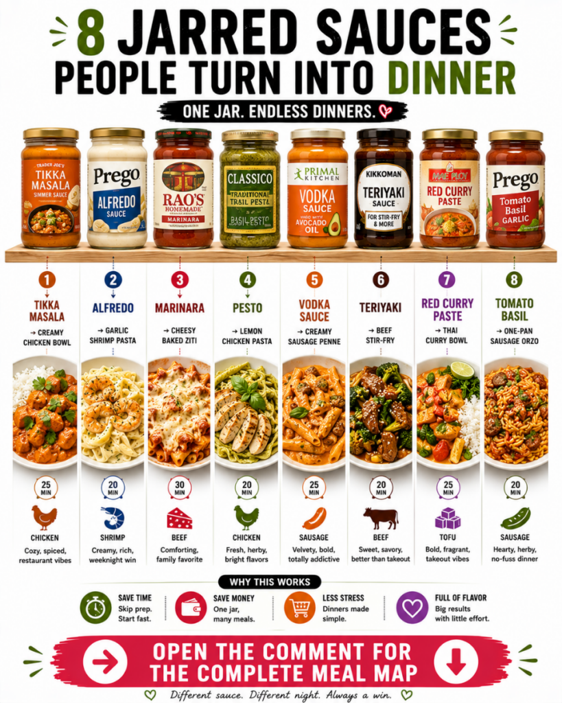 An infographic titled 8 Jarred Sauces People Turn Into Dinner showing eight different brands of jarred sauces Trader Joe