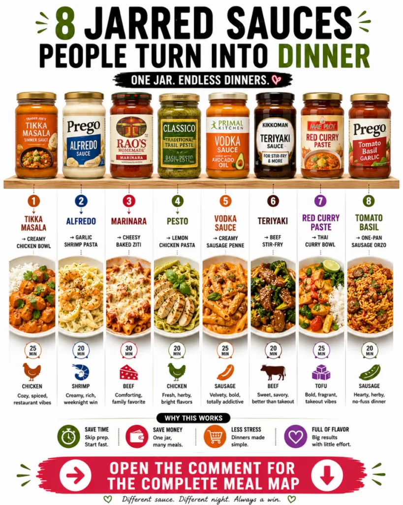 An infographic titled 8 Jarred Sauces People Turn Into Dinner showing eight different brands of jarred sauces Trader Joe