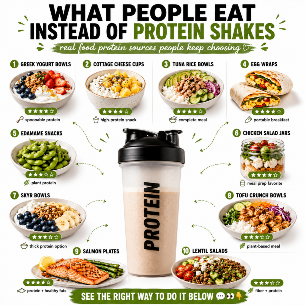 An infographic showing 10 different whole food alternatives to protein shakes such as Greek yogurt salmon eggs and chick