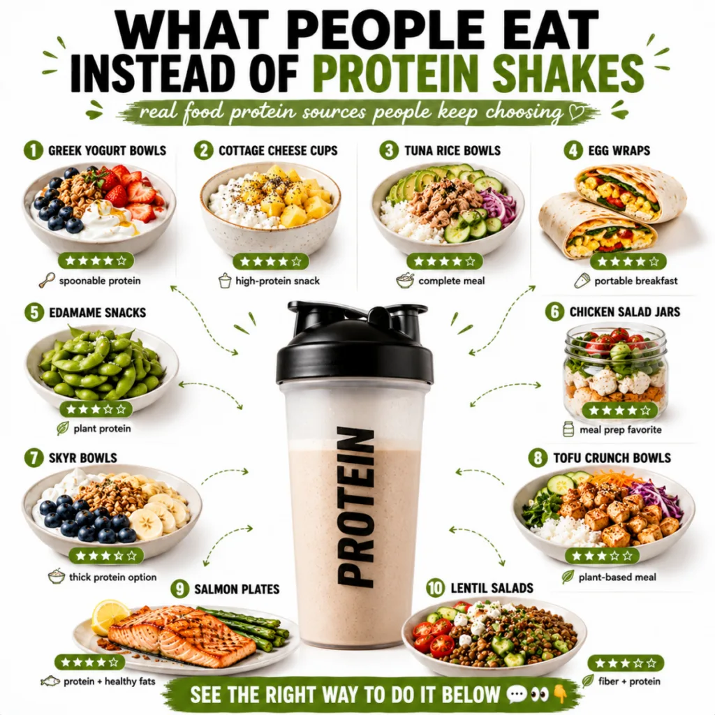 An infographic showing 10 different whole food alternatives to protein shakes such as Greek yogurt salmon eggs and chick