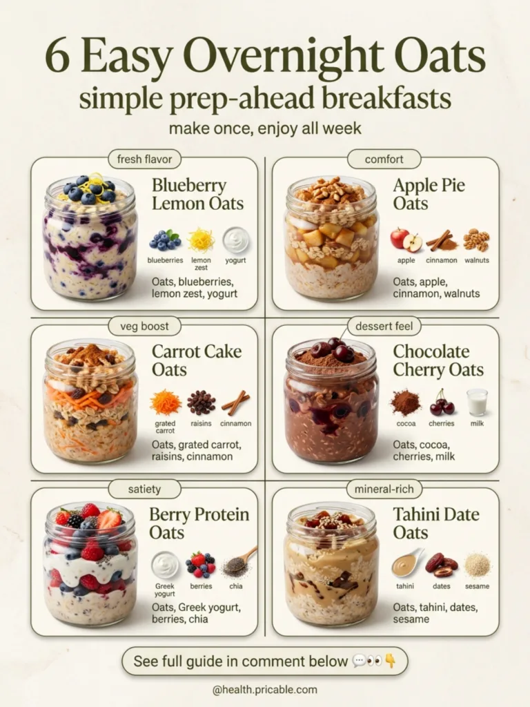 A visual guide displaying six different overnight oats recipes each in a clear glass jar showcasing layered ingredients 