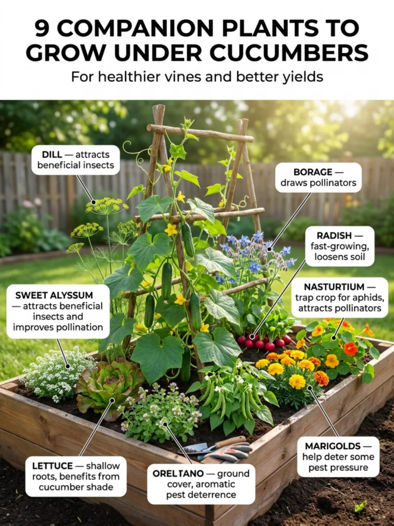 A well-lit eye-level shot of a raised garden bed focusing on a central cucumber plant on a trellis surrounded by eight c