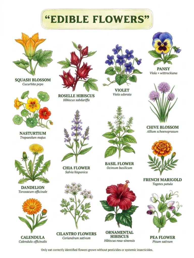 An infographic featuring 16 different edible flowers each with its common and scientific name in a botanical illustratio