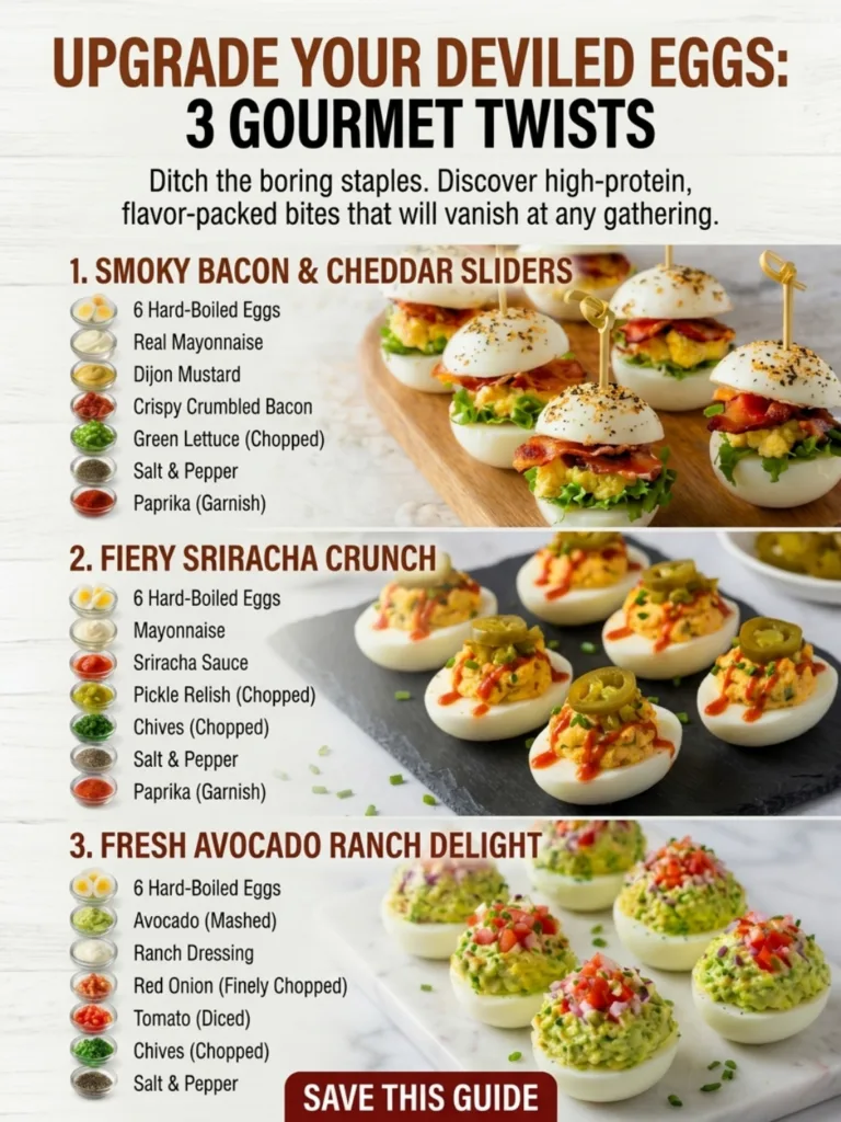 A visually appealing infographic showcasing three different gourmet deviled egg recipes Smoky Bacon Cheddar Sliders Fier