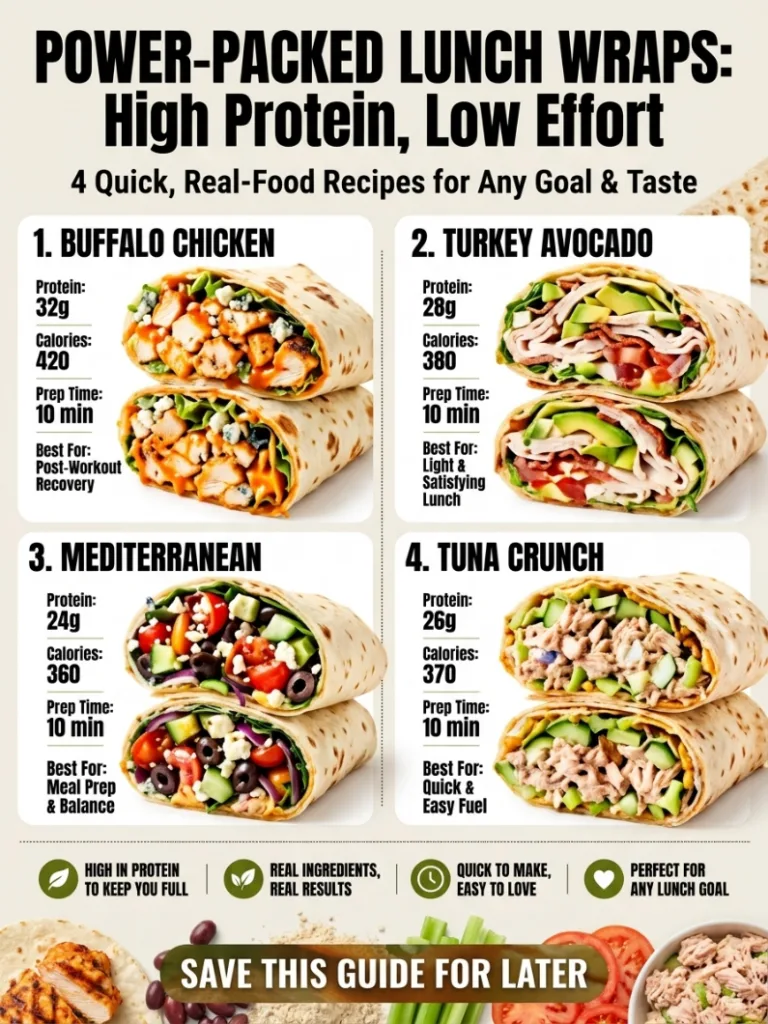 An infographic titled POWER-PACKED LUNCH WRAPS High Protein Low Effort showcasing four distinct wrap recipes with close-