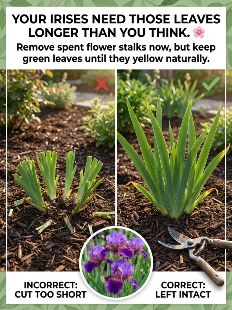Educational graphic showing incorrect short-cut leaves versus correct leaves left intact iris pruning emphasizing not to