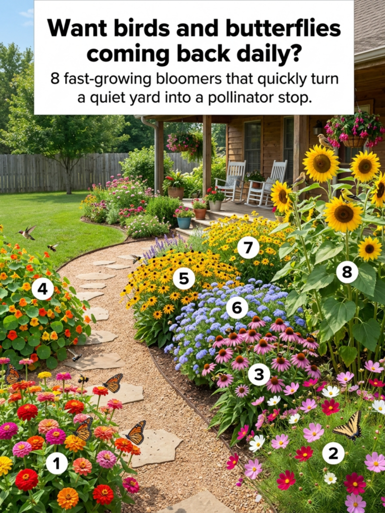 A vibrant home garden with Zinnias Cosmos Coneflowers Black-Eyed Susans Lavender Sunflowers and Nasturtiums attracting M