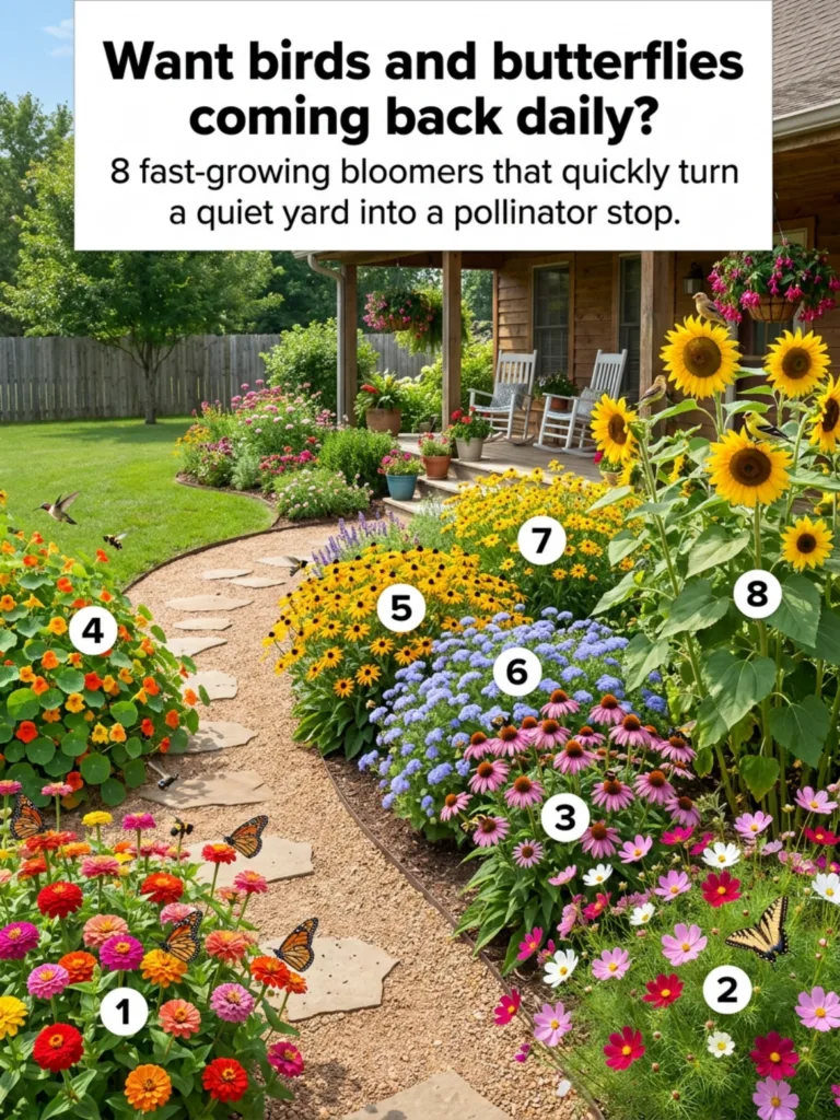 A vibrant home garden with Zinnias Cosmos Coneflowers Black-Eyed Susans Lavender Sunflowers and Nasturtiums attracting M