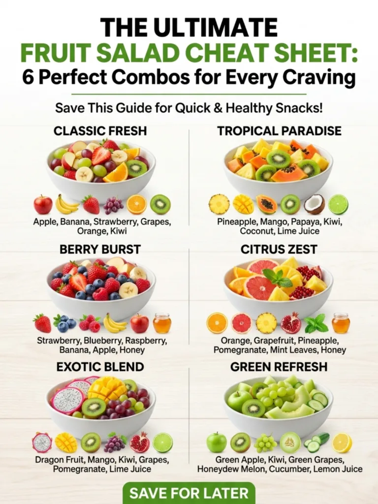 A vibrant Fruit Salad Cheat Sheet infographic with six distinct fruit salad combinations in bowls each with fruit icons 
