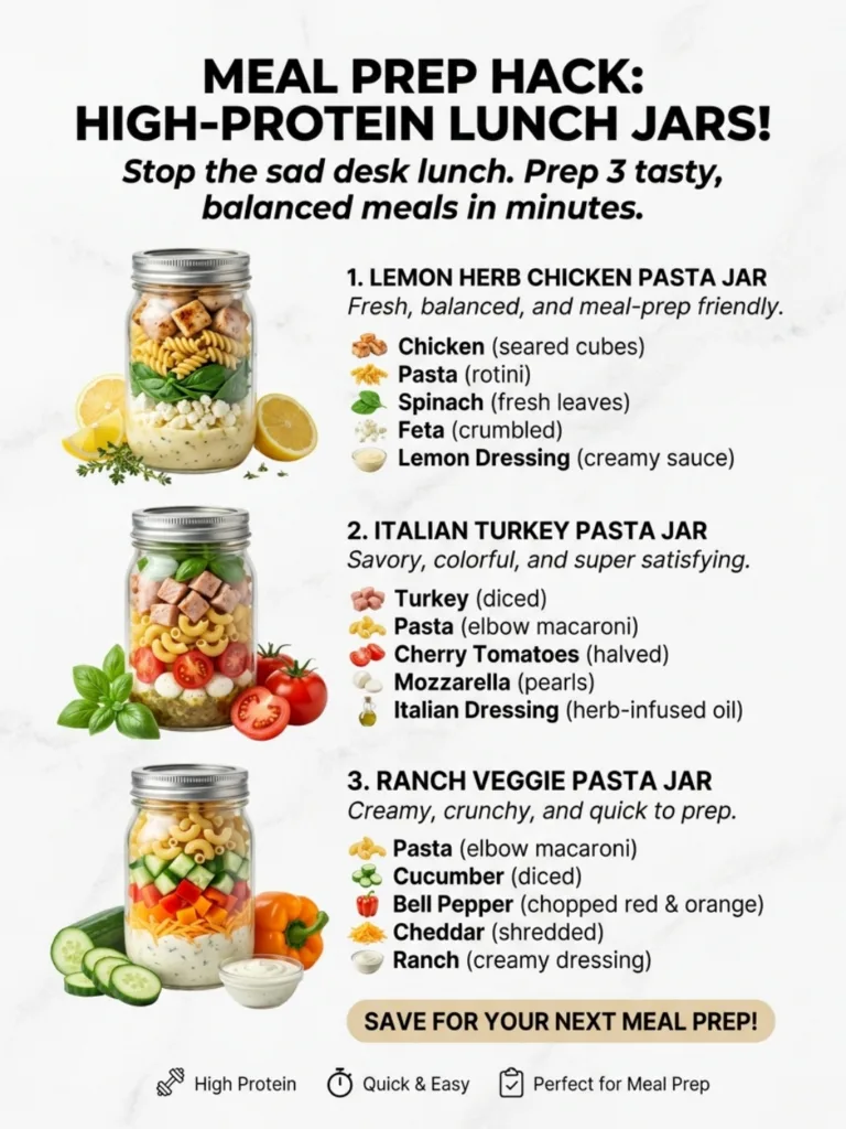 Three vibrant layered high-protein pasta salad lunch jars displayed vertically each with a different recipe Lemon Herb C