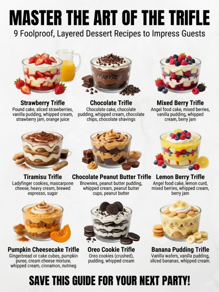 A vibrant and detailed infographic showcasing nine distinct trifle dessert recipes in a 3x3 grid with each cell featurin