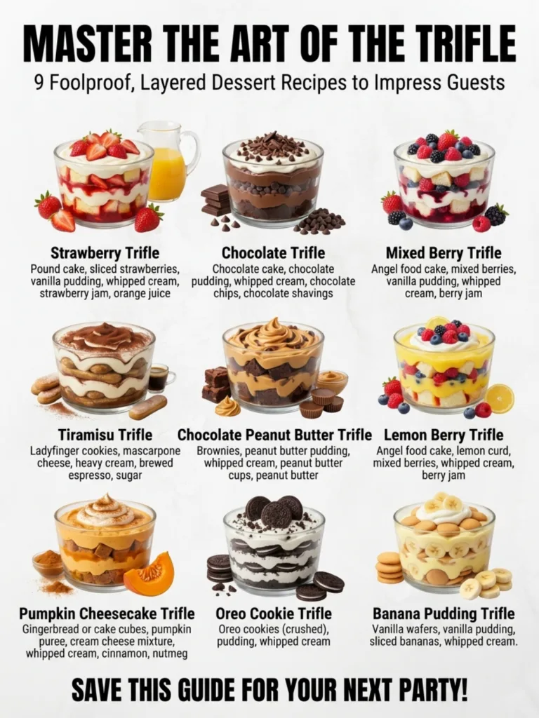 A vibrant and detailed infographic showcasing nine distinct trifle dessert recipes in a 3x3 grid with each cell featurin