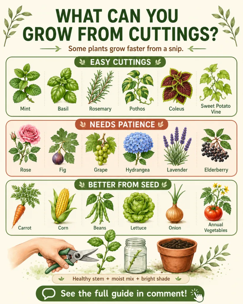 An infographic titled WHAT CAN YOU GROW FROM CUTTINGS showing categories EASY CUTTINGS Mint Basil Rosemary Pothos Coleus