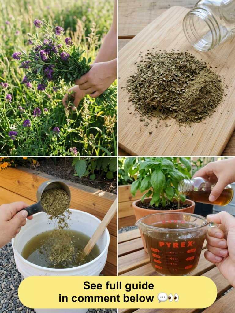 A four-panel collage showing the process of making alfalfa plant booster harvesting fresh alfalfa drying and chopping it