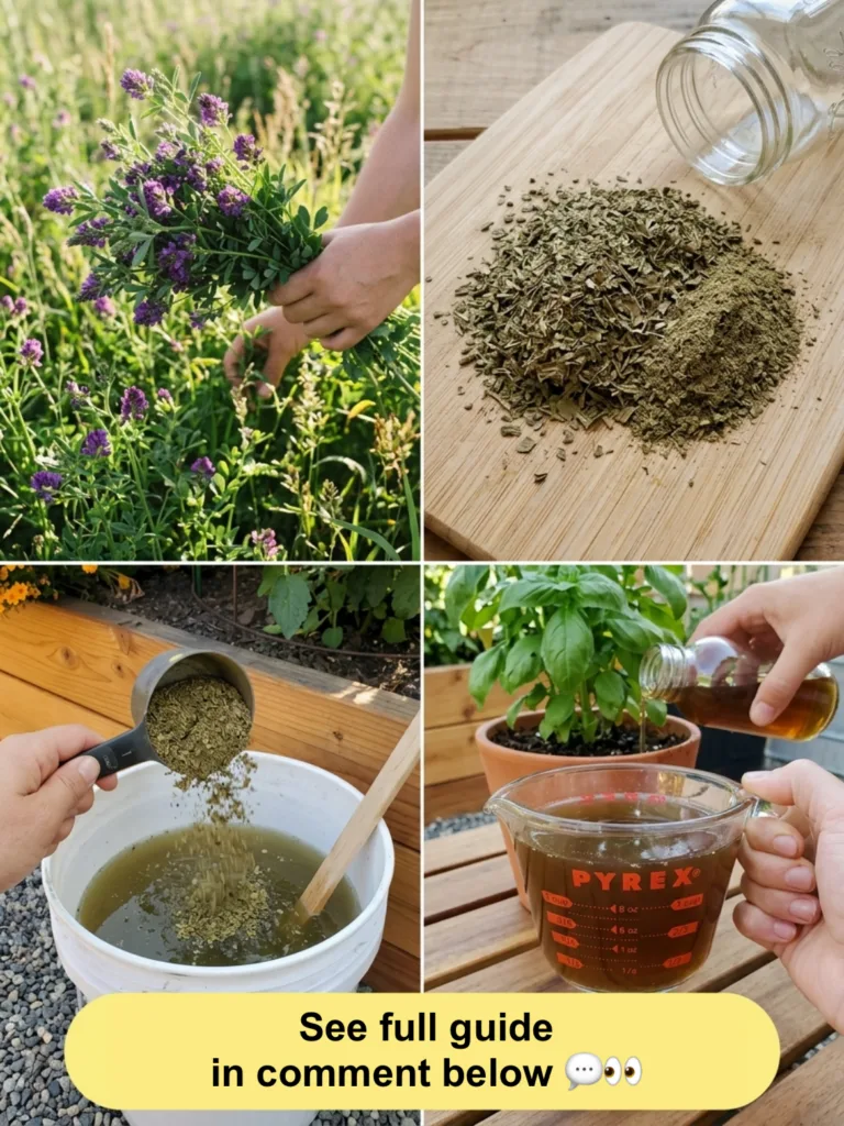 A four-panel collage showing the process of making alfalfa plant booster harvesting fresh alfalfa drying and chopping it