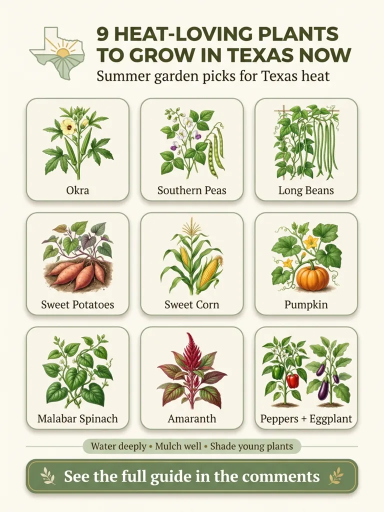 An infographic showcasing nine different heat-loving plants suitable for Texas with botanical illustrations and brief de