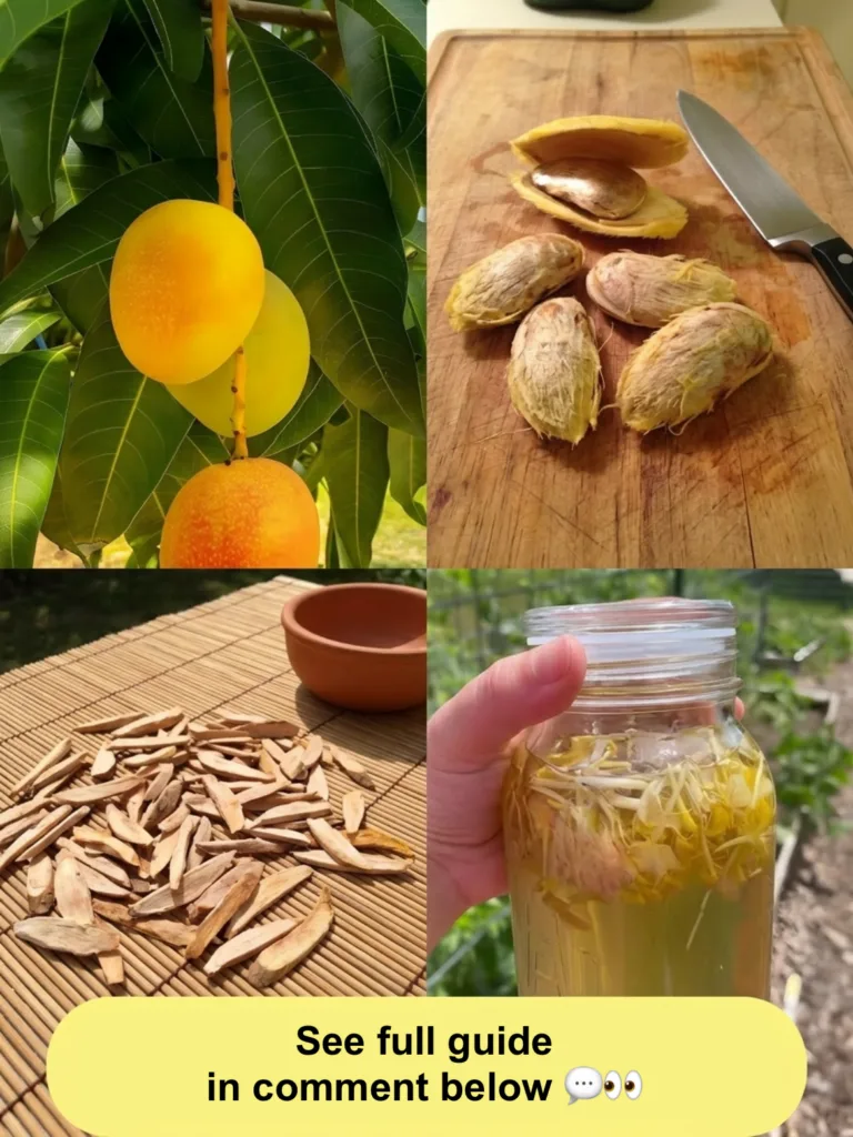 A four-panel collage showing mangoes on a tree extracted mango seeds on a cutting board one split dried mango seed piece