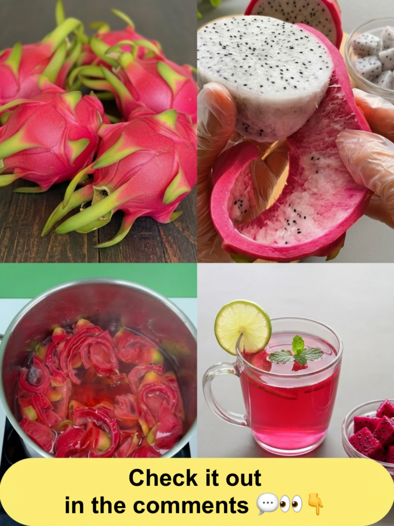 A 2x2 grid collage showing whole dragon fruits the peeling process dragon fruit peels steeping in a pot and a vibrant pi