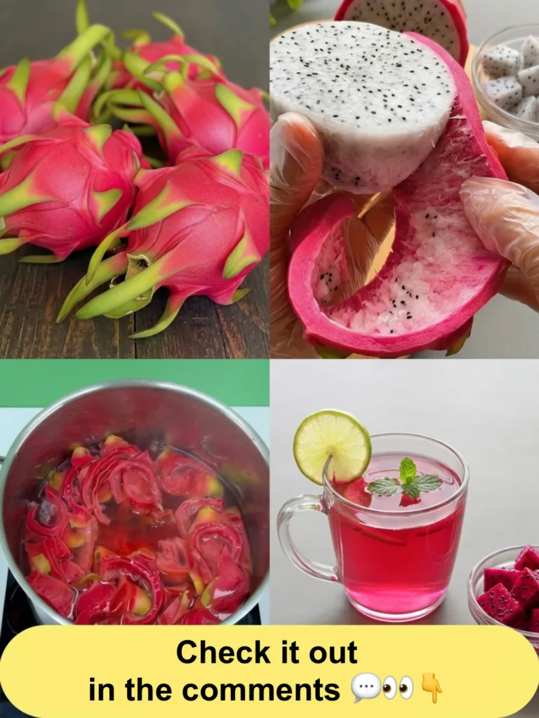 A 2x2 grid collage showing whole dragon fruits the peeling process dragon fruit peels steeping in a pot and a vibrant pi