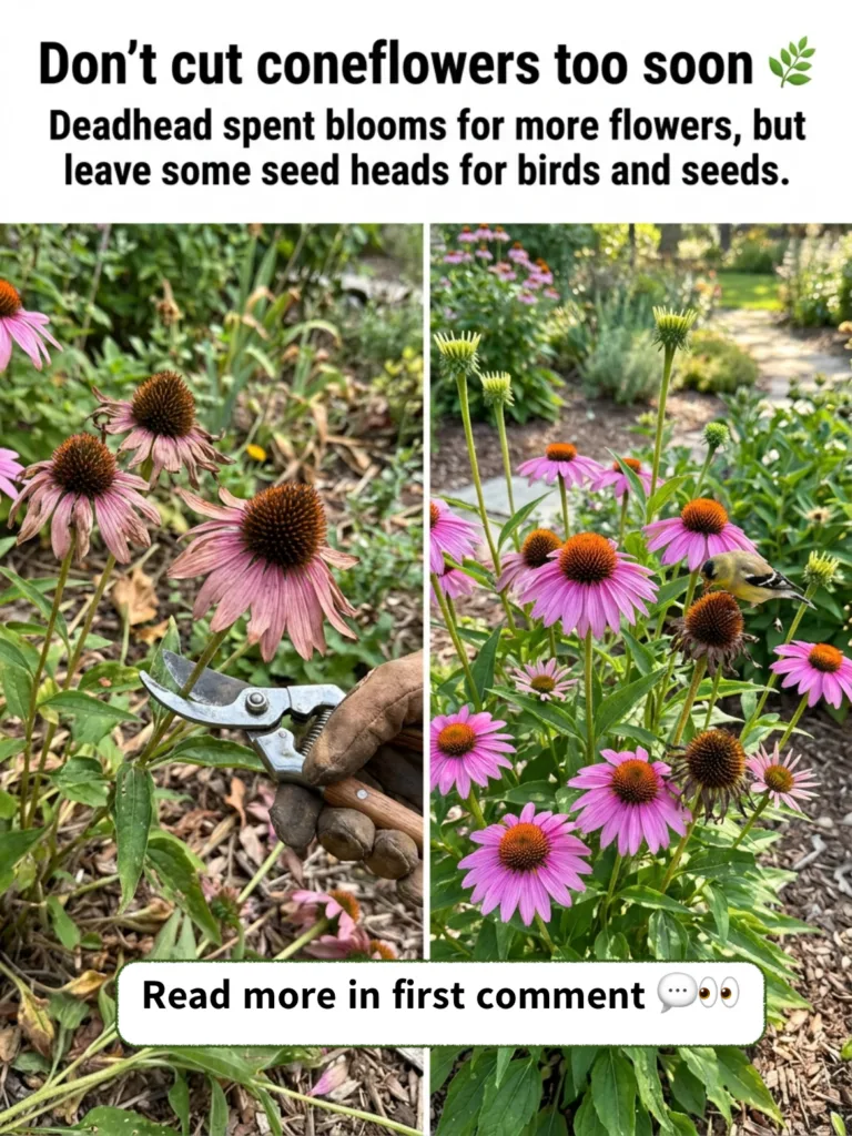 A gardener s gloved hand using pruning shears to cut a faded coneflower bloom illustrating the act of deadheading