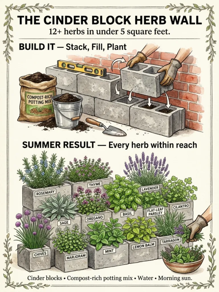 An illustrative infographic showing step-by-step instructions for building a cinder block herb wall and its summer resul