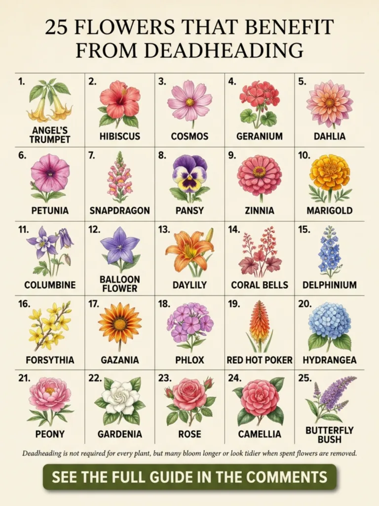 An infographic titled 25 FLOWERS THAT BENEFIT FROM DEADHEADING showing a grid of 25 distinct botanical illustrations of 
