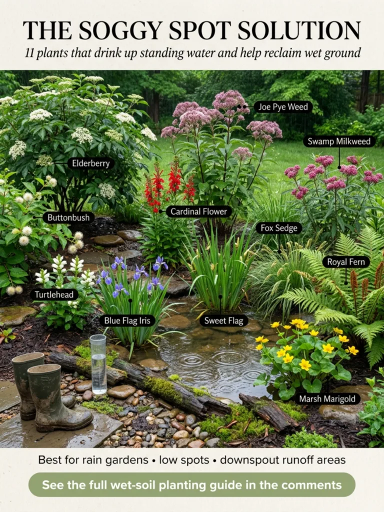 A visual guide titled The Soggy Spot Solution showing a naturalistic garden scene with a muddy pool surrounded by variou