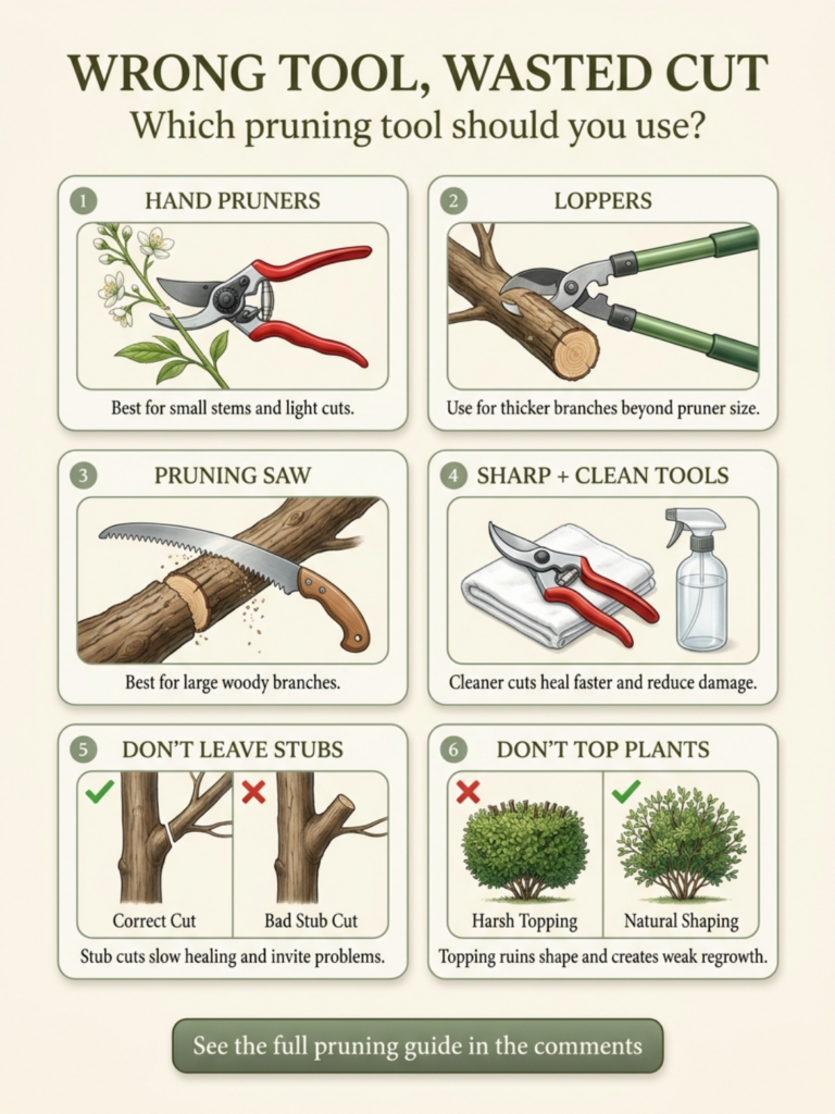 An infographic detailing correct pruning techniques and the right tools to use showing hand pruners loppers and a prunin