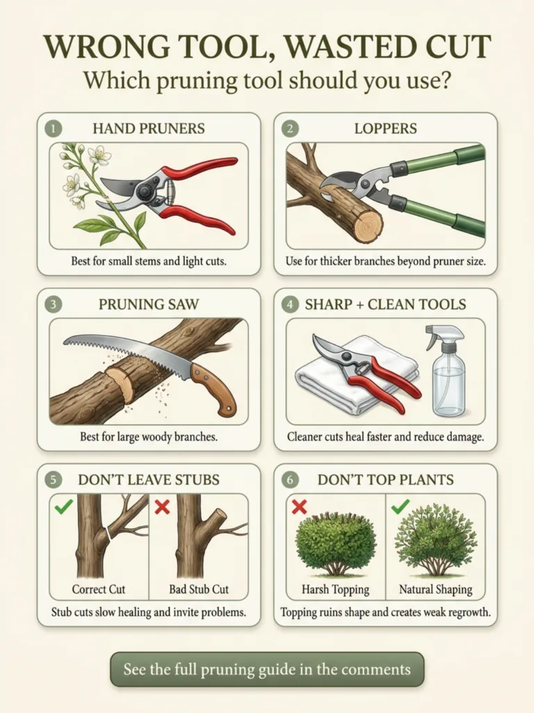 An infographic detailing correct pruning techniques and the right tools to use showing hand pruners loppers and a prunin