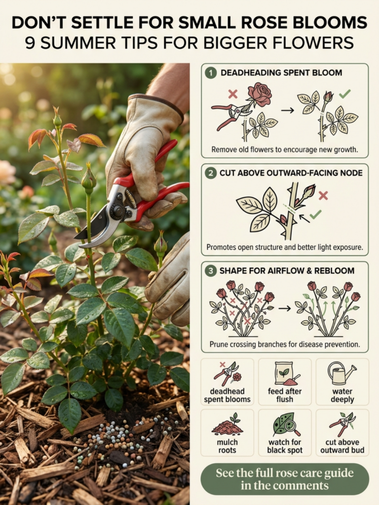 A gardener s gloved hands pruning a rose bush with red shears accompanied by an infographic detailing 9 summer rose care