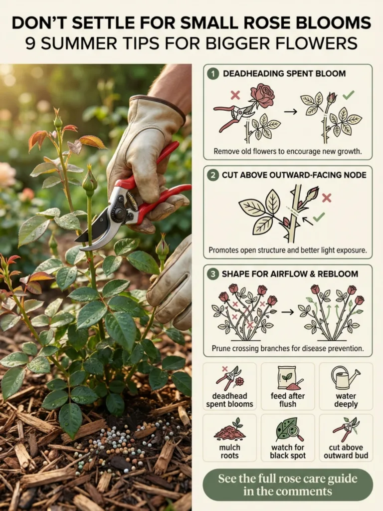 A gardener s gloved hands pruning a rose bush with red shears accompanied by an infographic detailing 9 summer rose care