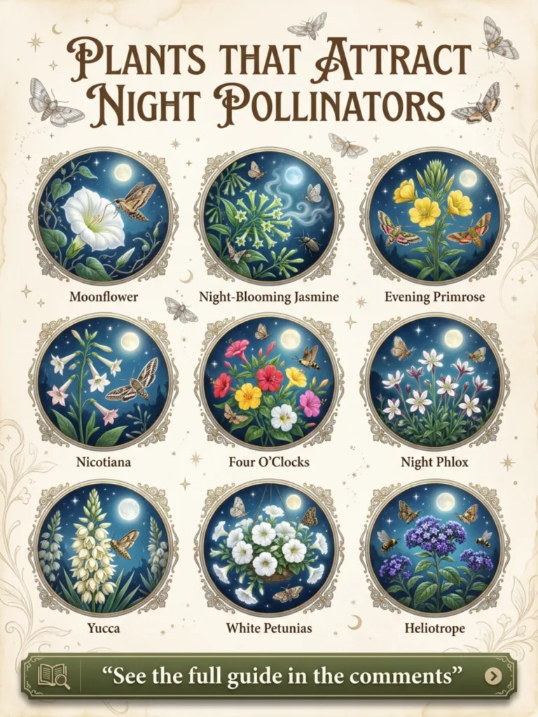 An infographic poster titled Plants that Attract Night Pollinators showing nine circular vignettes of different nocturna