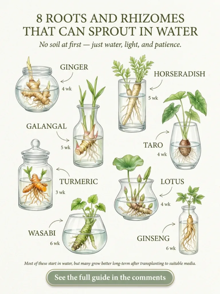 An infographic showing 8 different roots and rhizomes sprouting in water in clear glass containers with labels for each 