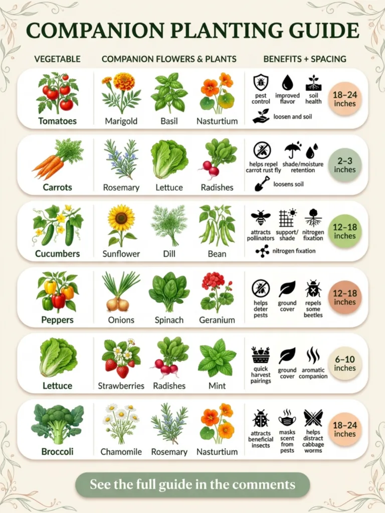 An infographic summarizing key companion plant pairings and their benefits similar to the source image